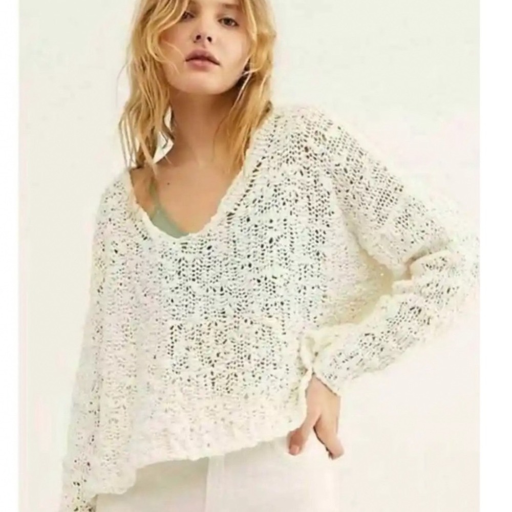 Free People Sunday Shore Pullover Sweater Womens Medium White Chunky Open Knit